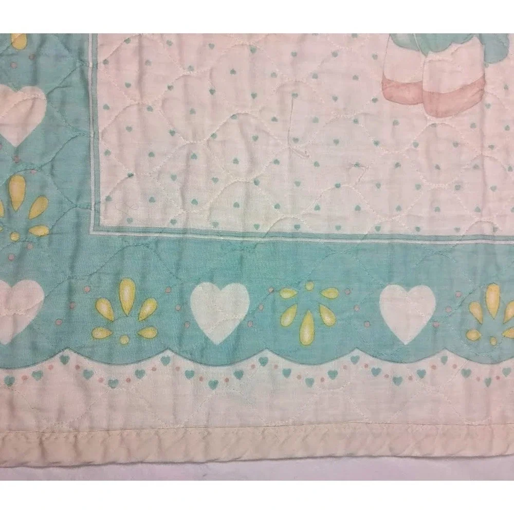 Vtg Lamb Baby Crib Comforter Blanket Blue Yellow Sheep Jumping Quilted Fence